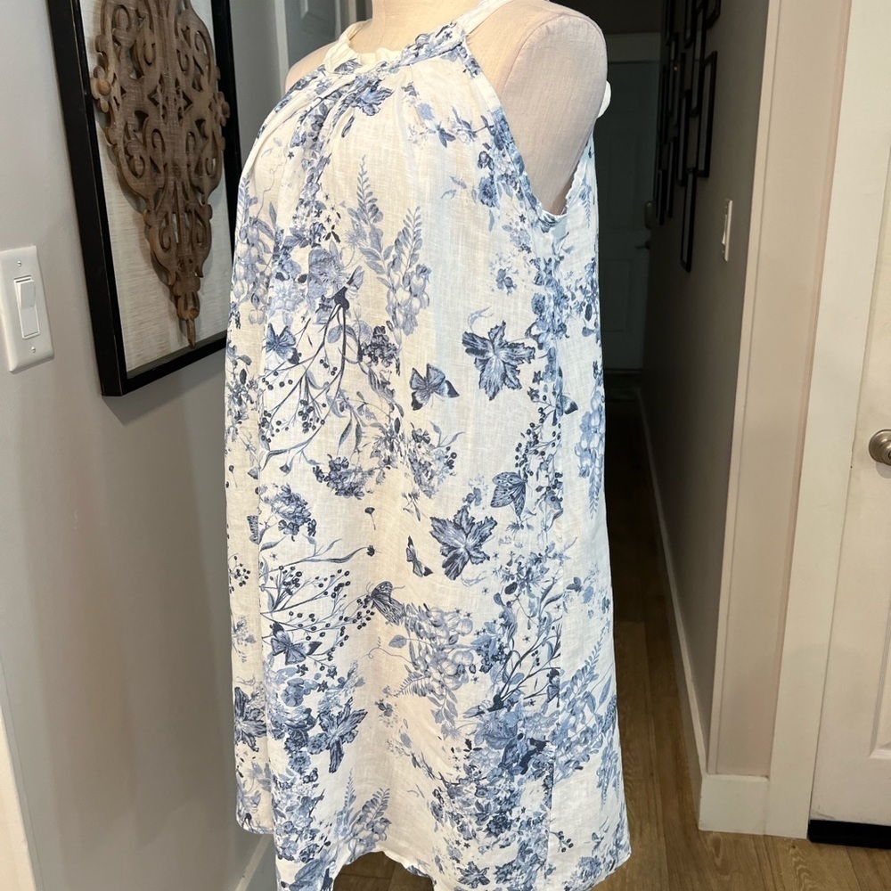 BELLAMBRA NWOT white linen halter mini dress with soft blue botanical print - Picture 5 of 15